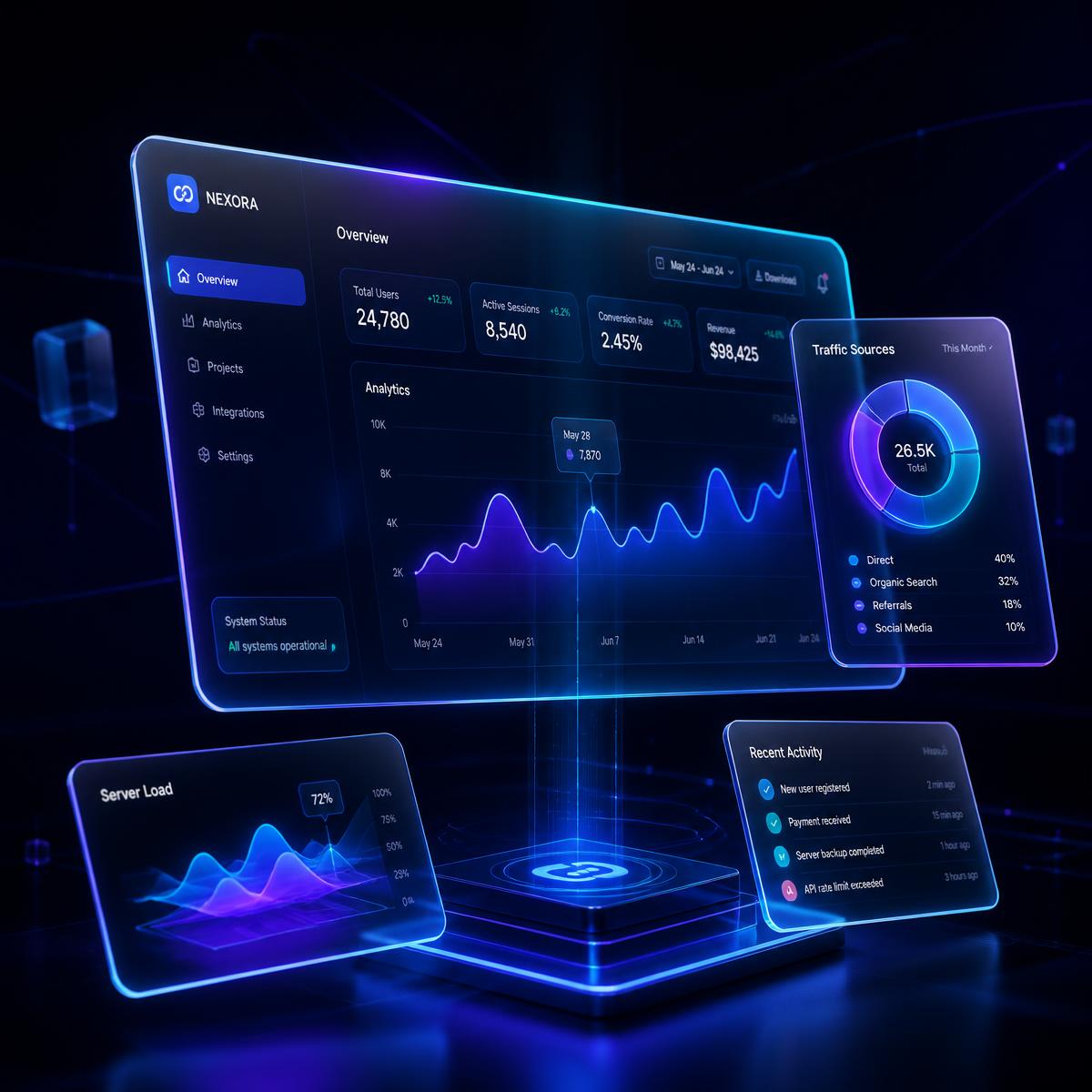 Colourful screens showing the kind of websites and apps we build